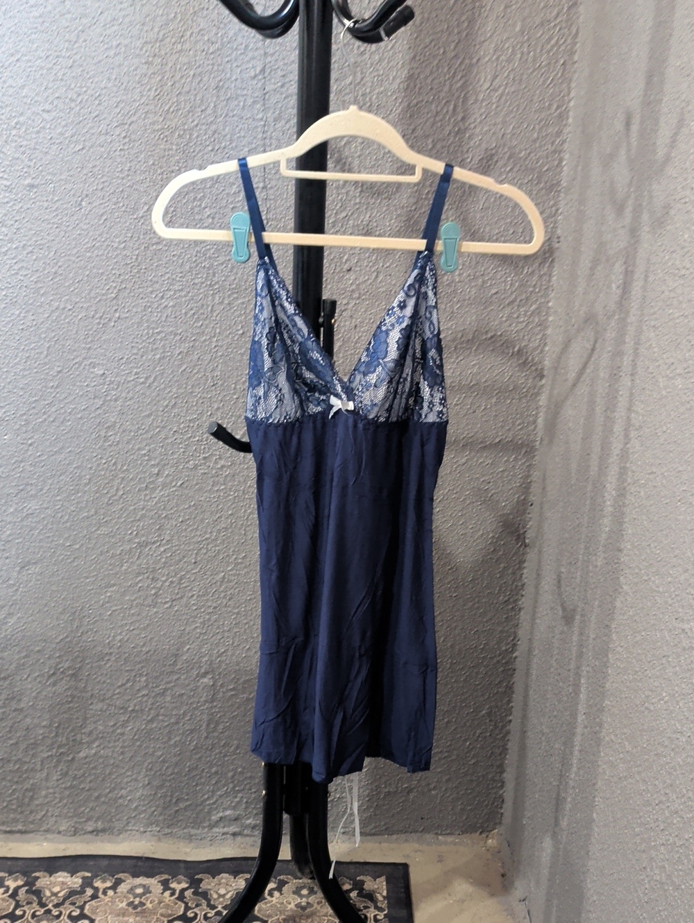 Love Navy Lace-Trim Chemise with Bow Accent